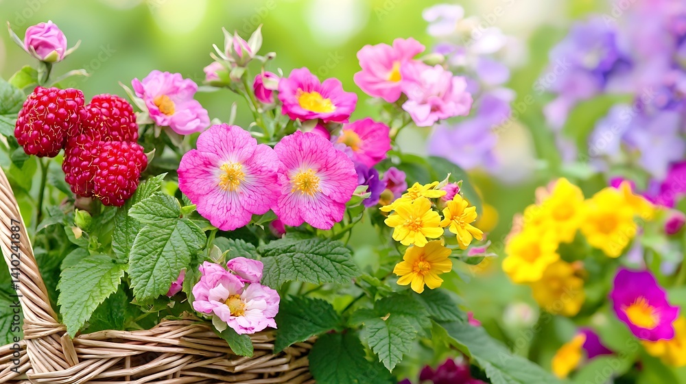 Colorful Basket of Fresh Blooming Flowers in a Natural Garden Setting Colorful Basket of Fresh Blooming Flowers in a Natural Garden Setting