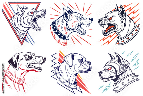 Six fierce canine illustrations, showcasing snarling dog heads with spiked collars, set against dynamic graphic backgrounds.