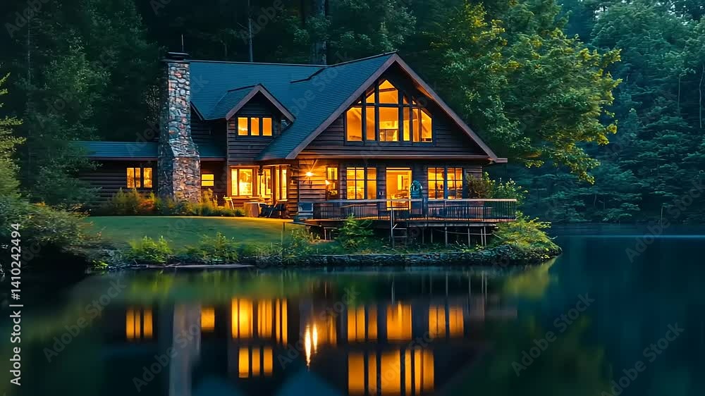 Cozy lakeside cabin illuminated at dusk, surrounded by lush trees and calm water reflections Cozy lakeside cabin illuminated at dusk, surrounded by lush trees and calm water reflections
