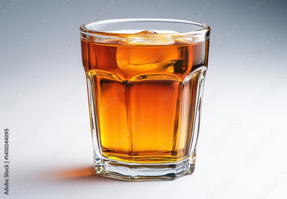 Refreshing glass of cool amber beverage with ice cubes resting in modern crystal tumbler on neutral gradient background Refreshing glass of cool amber beverage with ice cubes resting in modern crystal tumbler on neutral gradient background