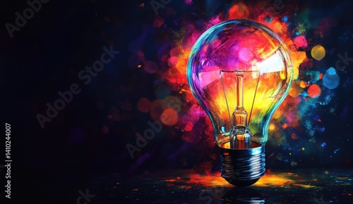 Vibrant lightbulb exploding with colorful paint splashes