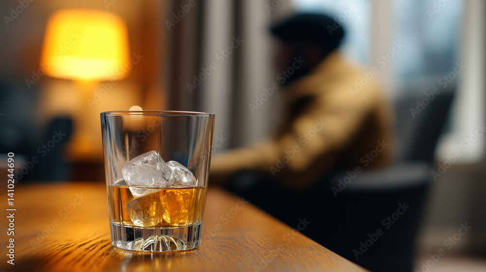 Glass of whiskey with ice on a wooden coffee table in a warmly lit living room with a blurred figure in the background.
Glass of whiskey with ice on a wooden coffee table in a warmly lit living room with a blurred figure in the background.