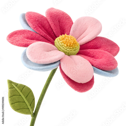 Felt Flower with Stem: This vibrant handmade felt flower features multiple layers in shades of pink, blue, and yellow, creating a whimsical and tactile charm.  The delicate stem.