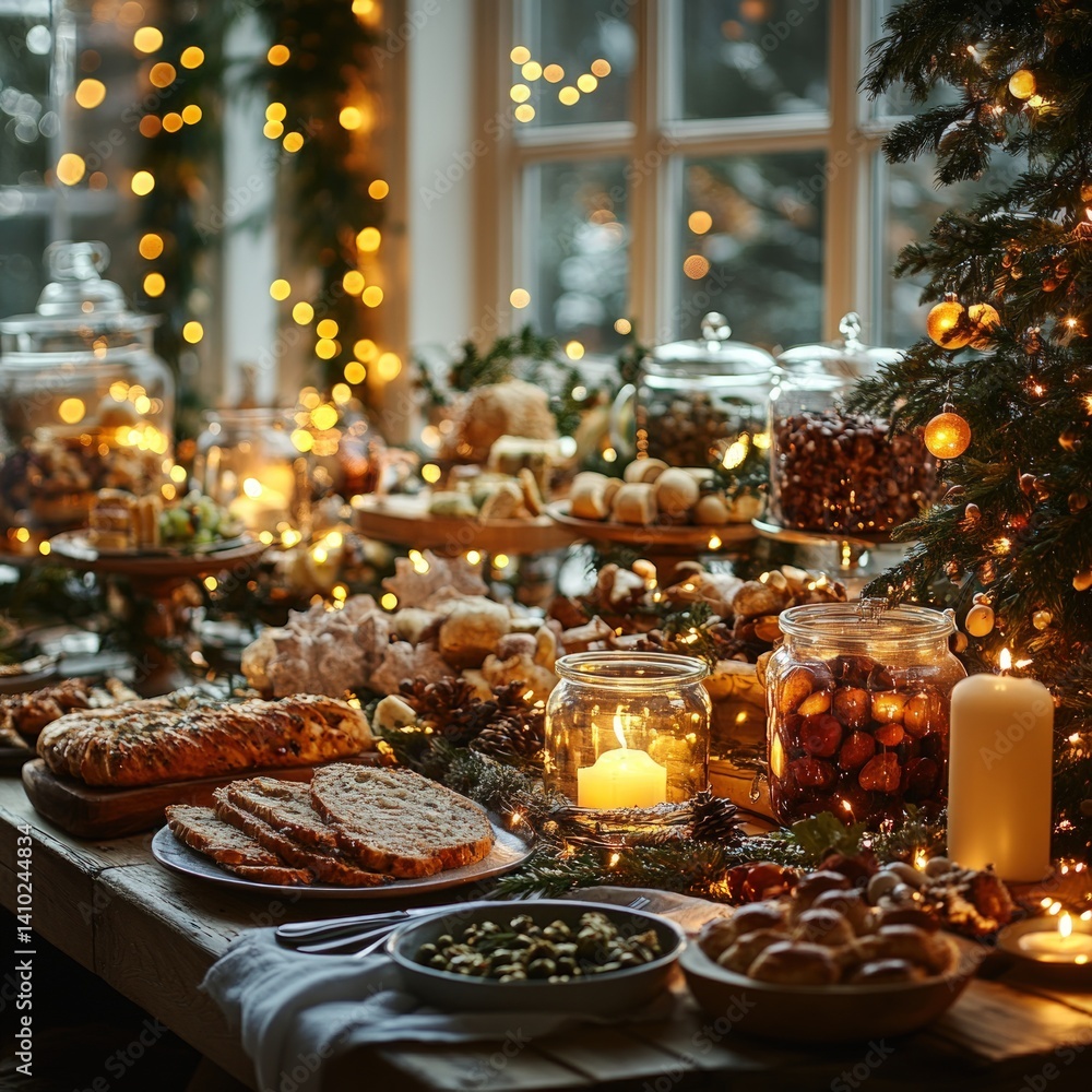 Festive table setting with food candles and lights in a cozy indoor environment. Festive table setting with food candles and lights in a cozy indoor environment.