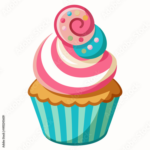 A cupcake topped with pink and orange stripes, showcasing a vibrant and colorful frosting design.