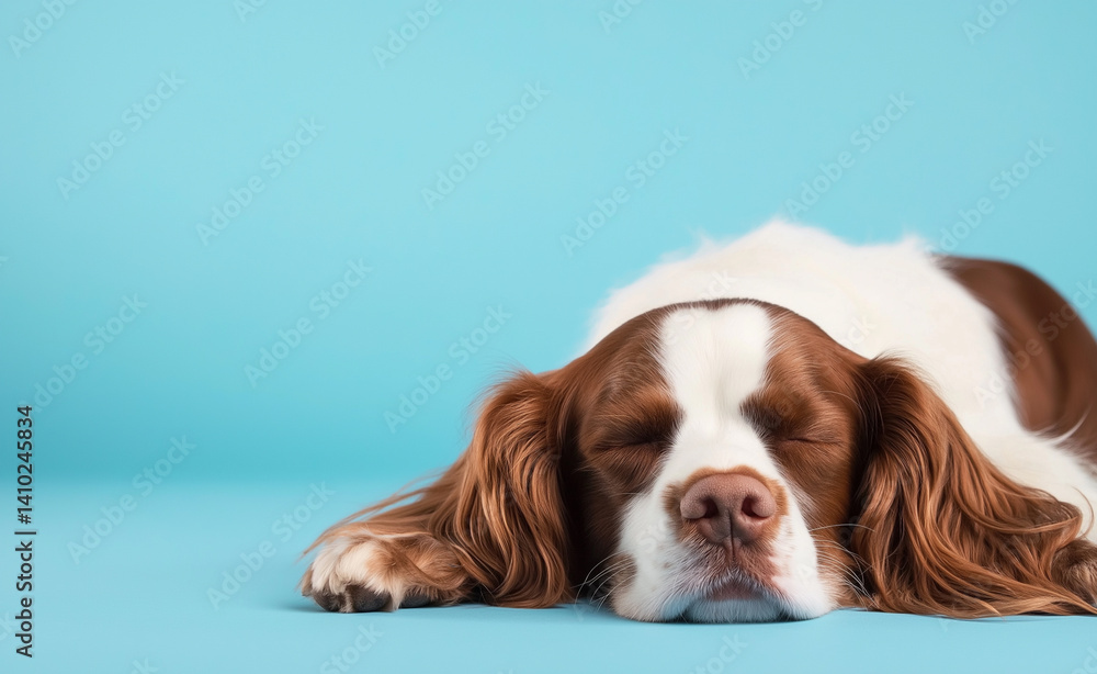 Cavalier King Charles Spaniel sleeping peacefully on a bright turquoise background with its eyes closed.
Cavalier King Charles Spaniel sleeping peacefully on a bright turquoise background with its eyes closed.