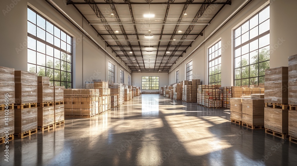 Warehouse interior with stacked boxes and large windows providing natural light. Warehouse interior with stacked boxes and large windows providing natural light.