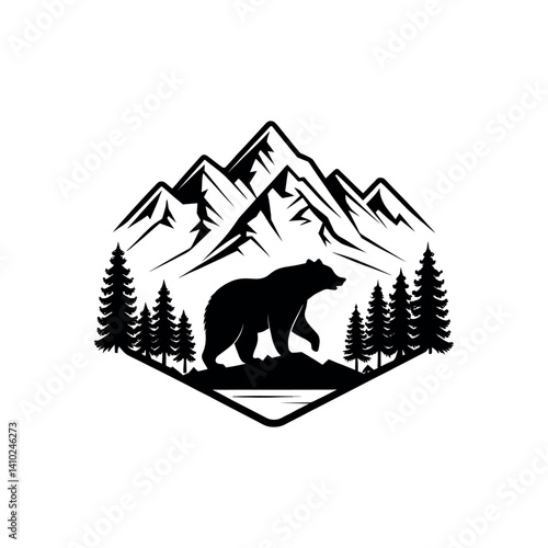 bear and mountains silhouette logo vector line art logo design