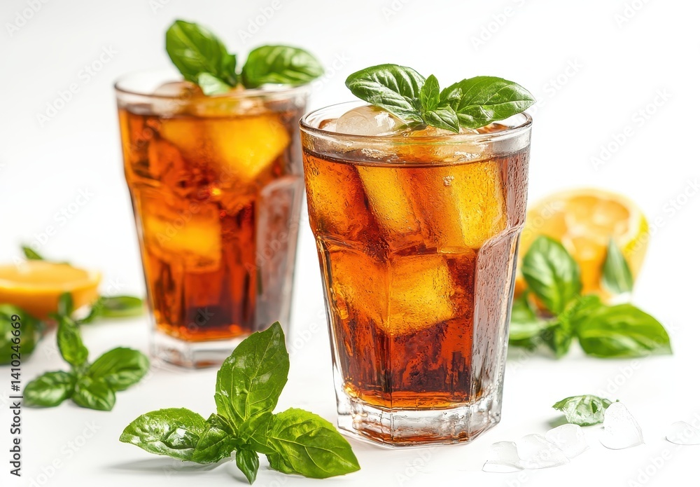 Refreshing Herbal Beverage with Ice Cubes and Fresh Basil Leaves, Perfect Summer Drink for Hot Days, Citrus Fruits in Background Refreshing Herbal Beverage with Ice Cubes and Fresh Basil Leaves, Perfect Summer Drink for Hot Days, Citrus Fruits in Background