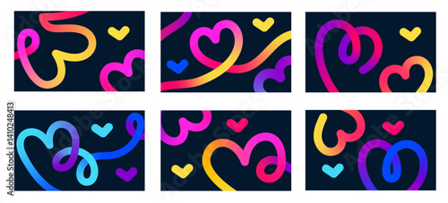 Color Heart  Gradient Line Shapes Love. Abstract Neon Wavy Ribbons. Set Banners. Rainbow Spiral Design Elements Black Background