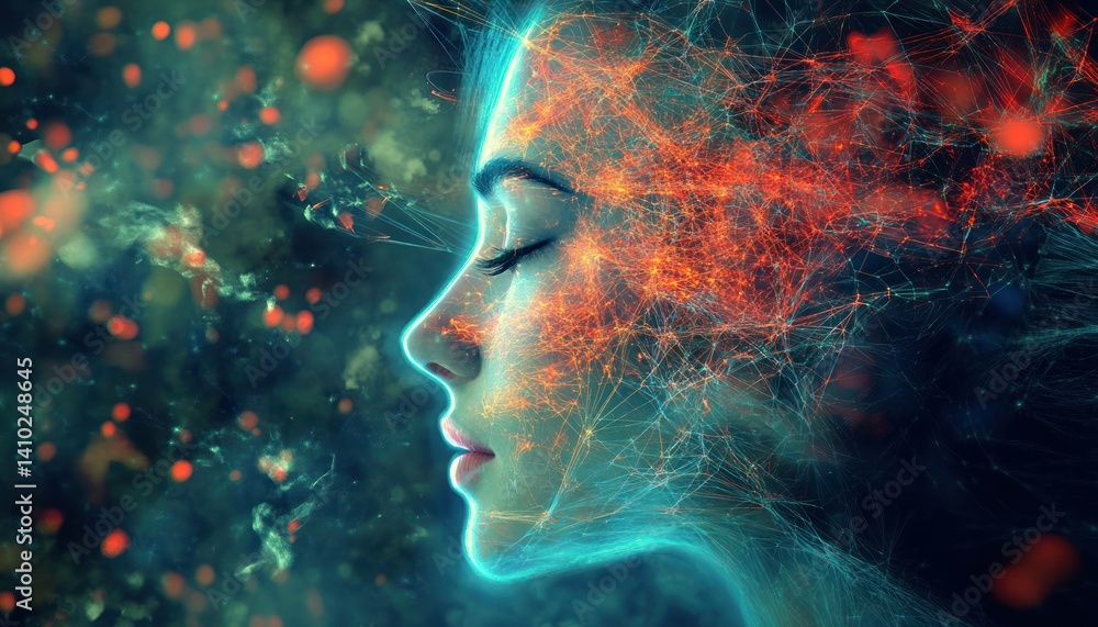 Ethereal portrait featuring glowing lines, suggestive of consciousness and connectivity Ethereal portrait featuring glowing lines, suggestive of consciousness and connectivity
