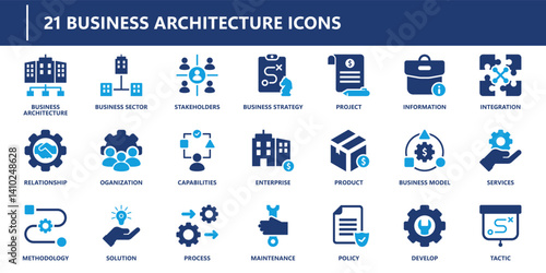 Business architecture icons pack in solid style including strategy, stakeholders, enterprise, project, process, services, policy, and solution.