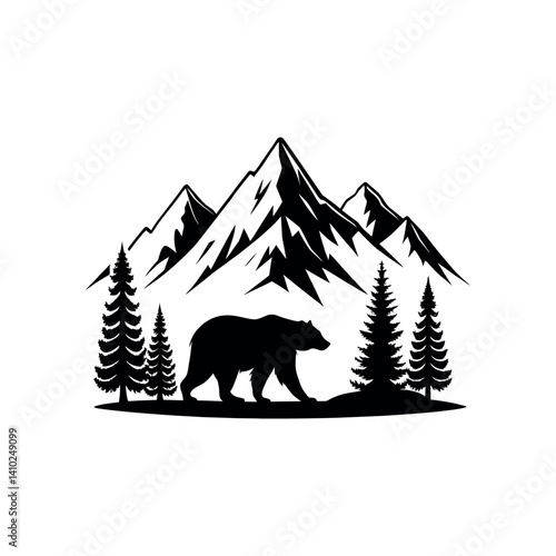 bear and mountains silhouette logo vector line art logo design