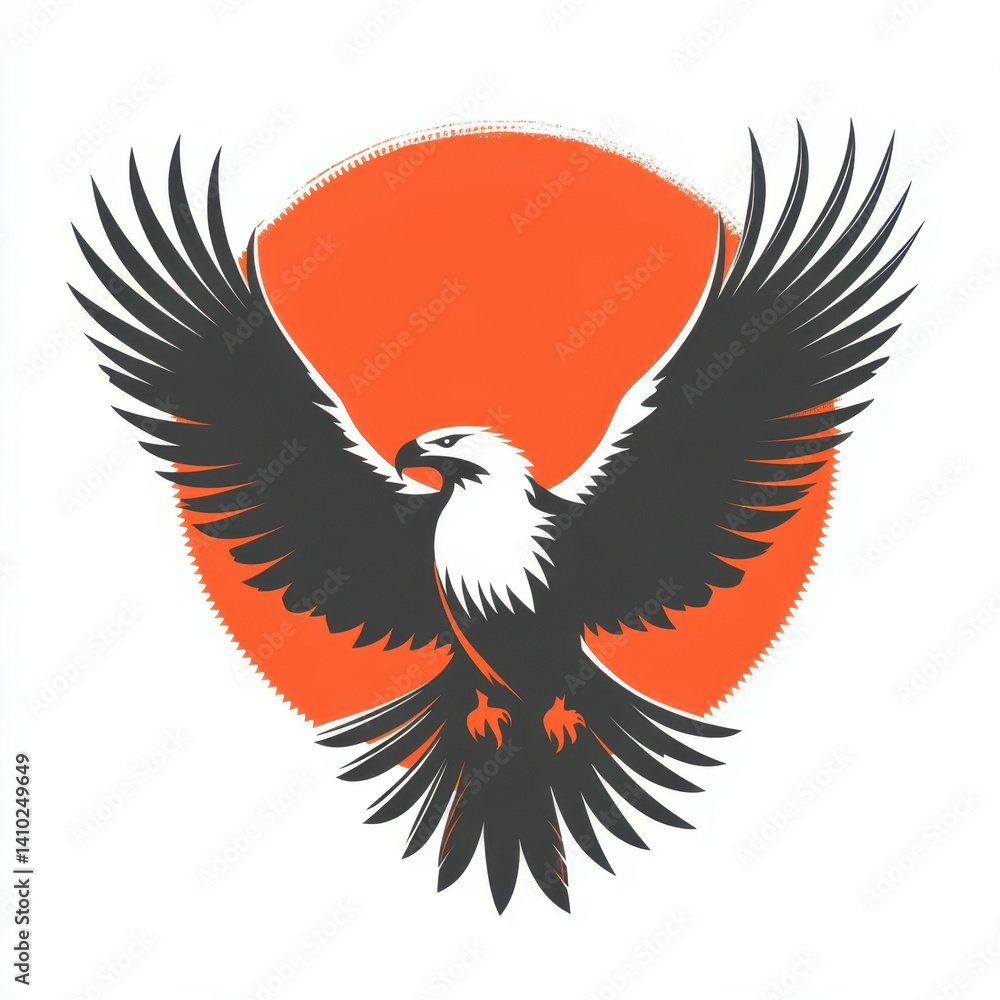 Obraz premium Majestic black and white eagle soaring against an orange background with bold wings spread wide