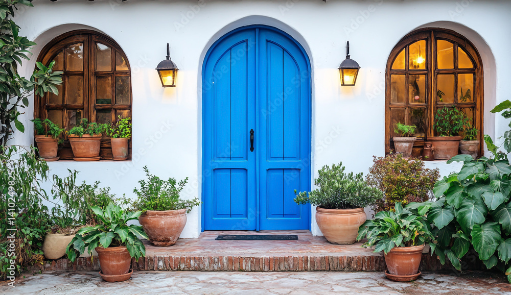 Fototapeta premium Blue front door with potted plants and white wall