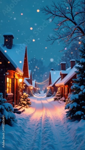 Snowy village scene with Christmas decorations and twinkling lights, holiday, winter wonderland, winter