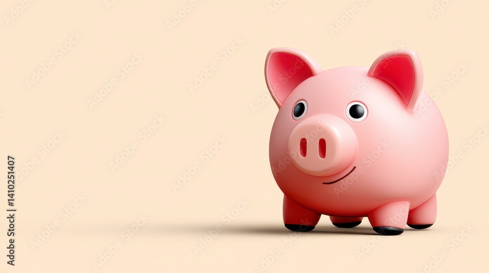 Cheerful Cartoon Piggy Bank With Friendly Smile Against Soft Beige Background Representing Savings and Budgeting Themes Cheerful Cartoon Piggy Bank With Friendly Smile Against Soft Beige Background Representing Savings and Budgeting Themes