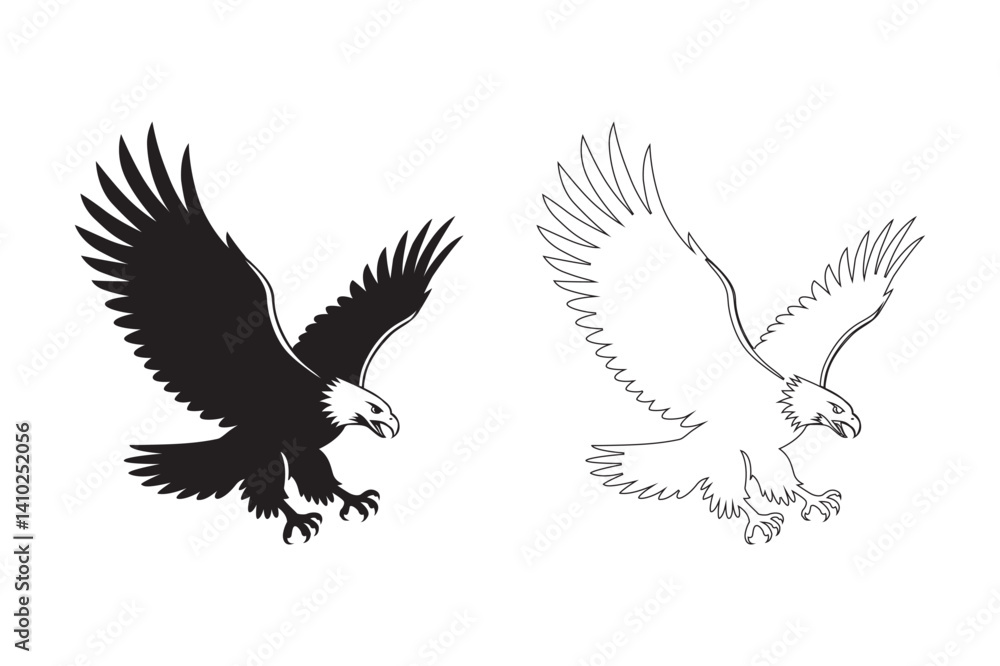 Fototapeta premium Dual Bald Eagle Illustrations Bold Silhouette and Fine Line Art of a Majestic Eagle in Mid Flight with Extended Talons