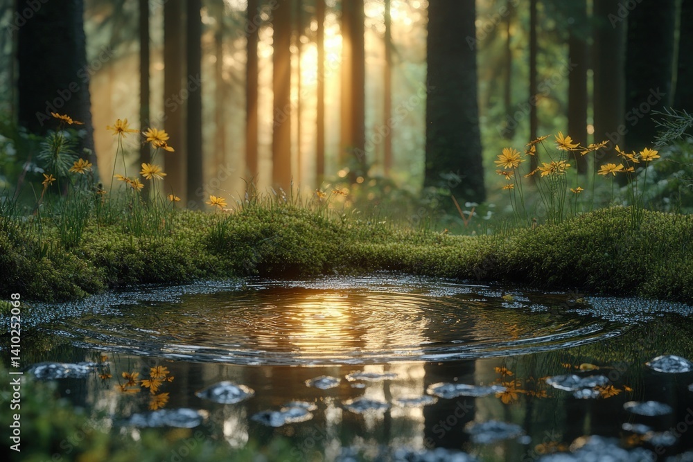 Small pond reflects trees and sunlight in a lush green forest environment.