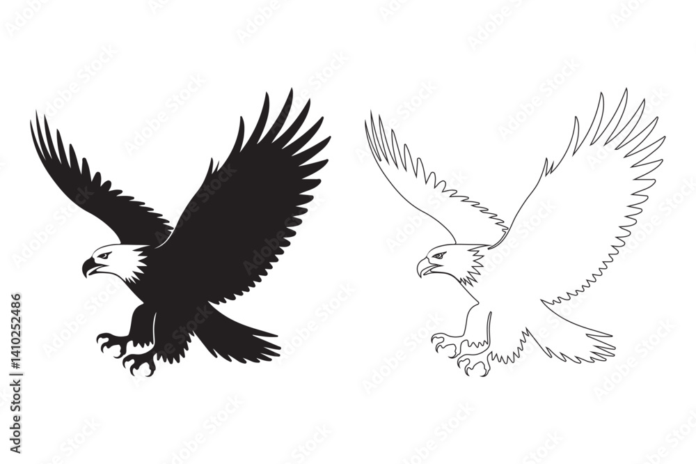Fototapeta premium Silhouette and Outline Illustration of a Bald Eagle in Flight with Outstretched Wings and Talons