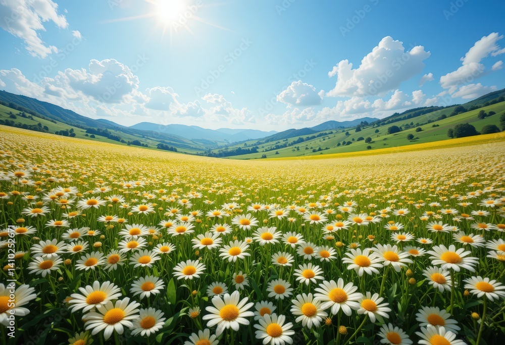 Obraz premium A vibrant field of blooming daisies stretches under a clear blue sky, with the warm sun casting a golden glow over the delicate white petals, creating a serene and cheerful atmosphere.