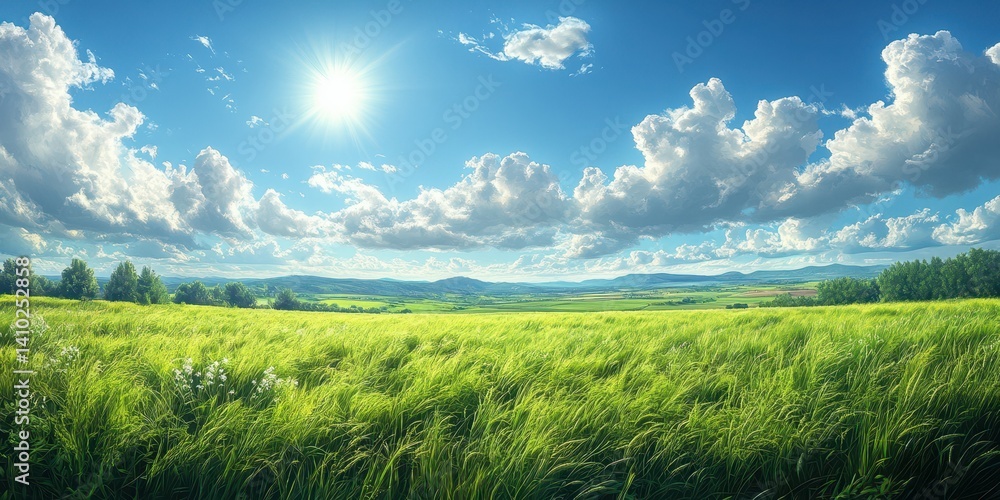 Expansive green field under a bright blue sky with fluffy clouds during a sunny day in the countryside Expansive green field under a bright blue sky with fluffy clouds during a sunny day in the countryside