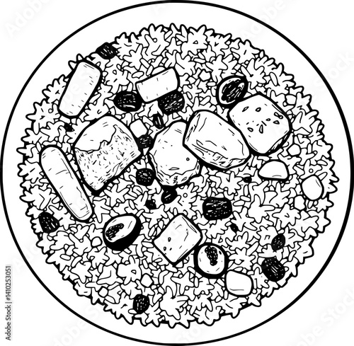 Delicious Rice Dish With Meat And Vegetables Overhead View
