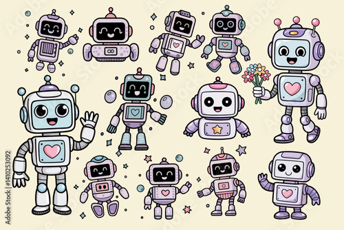 Cute kawaii robots with hearts, stars, and happy faces in pastel colors. Perfect for kids, tech-themed designs, or Valentine's Day illustrations.