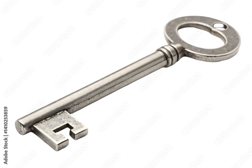 Durable Silver Metal Key with Standard Grooves and Secure Locking Design isolated on white background. A silver key png on white Durable Silver Metal Key with Standard Grooves and Secure Locking Design isolated on white background. A silver key png on white