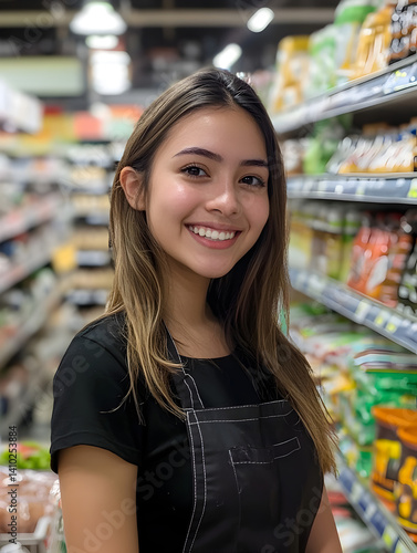 A young woman in the supermarket posing with a smile