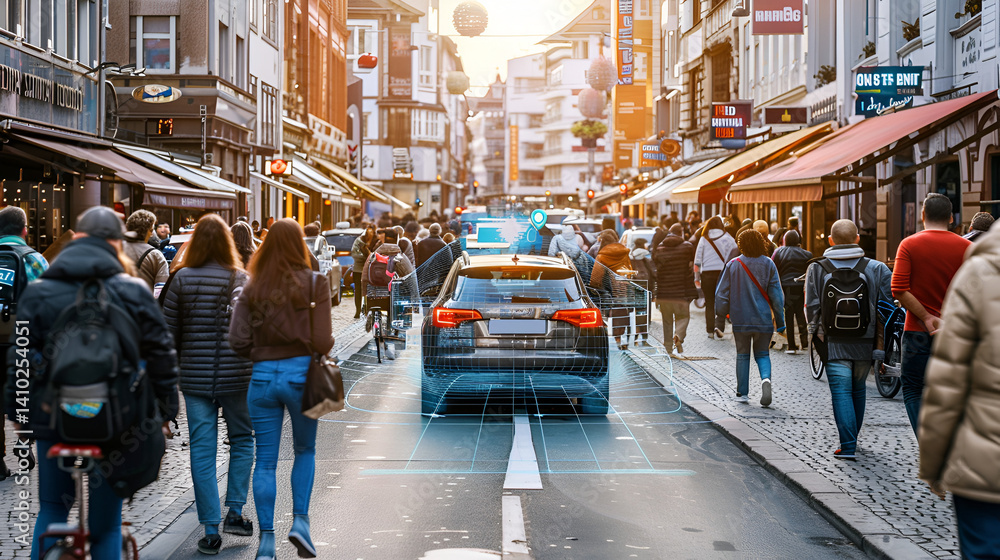 Obraz premium Autonomous car navigating a crowded street with pedestrians and shops in a european city center view .