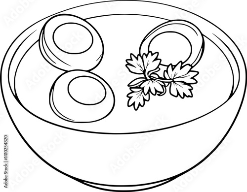 Creamy Yellow Soup with Hard-Boiled Egg Halves and Parsley Garnish
