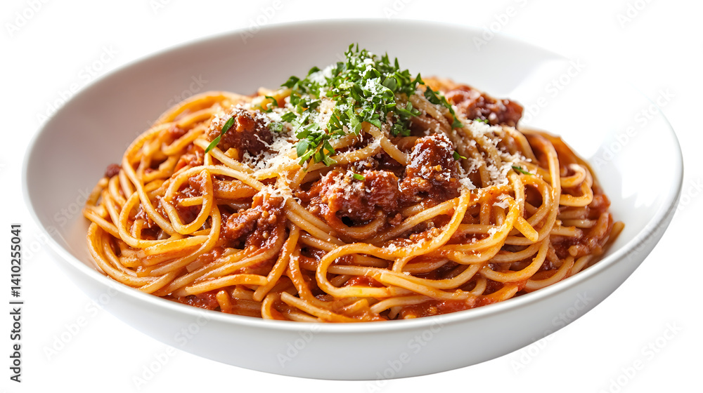 Delicious Beef Spaghetti in White Bowl on White Background Delicious Beef Spaghetti in White Bowl on White Background