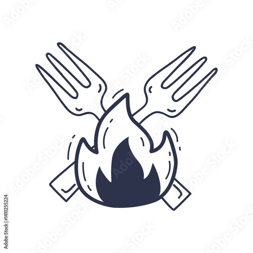Two crossed forks behind a flame symbolize culinary passion and creativity.