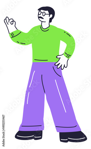 Illustration of a man with glasses gesturing OK, symbolizing agreement or approval.