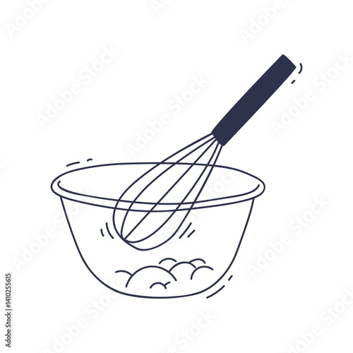 A whisk in a bowl symbolizes baking and mixing ingredients.