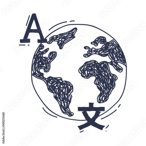 A globe with letter symbols represents global communication and language diversity.