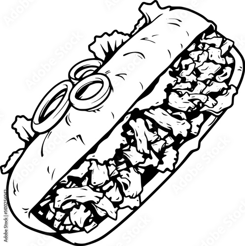 Delicious Hand-Drawn Illustration Of A Savory Meat-Filled Sub Sandwich