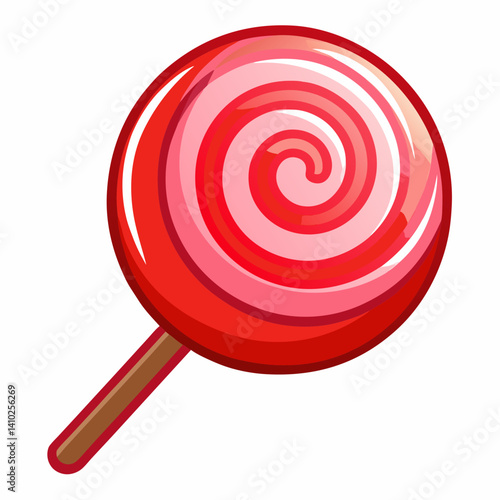 A red and orange swirled lollipop resting on a clean white background.