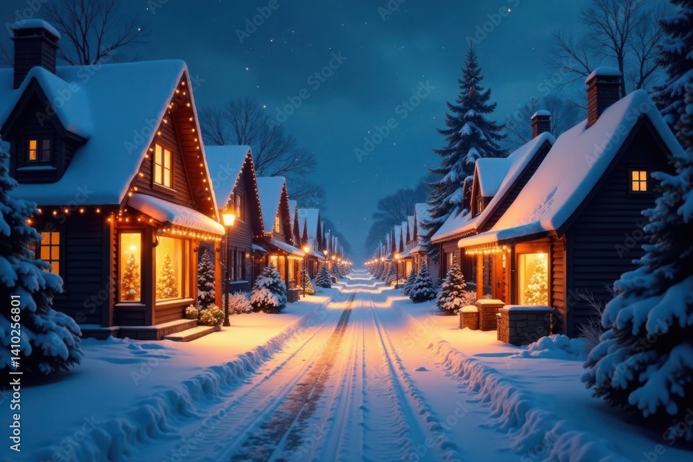 Snowy village street with Christmas shops and lights at night, festive street, holiday shopping Snowy village street with Christmas shops and lights at night, festive street, holiday shopping
