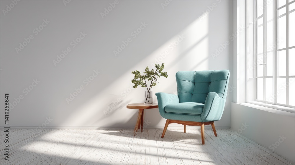 Serene minimalist living room with a light teal armchair bathed in sunlight. A small side table with greenery adds a touch of nature to the bright space. Serene minimalist living room with a light teal armchair bathed in sunlight. A small side table with greenery adds a touch of nature to the bright space.