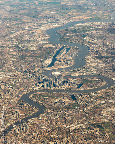 Aerial view of the City of London and the River Thames in England