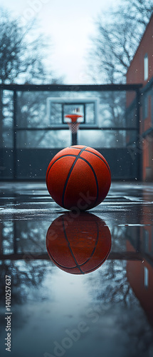 basketball hoop and ball in the court at the outdoor with water on the ground
