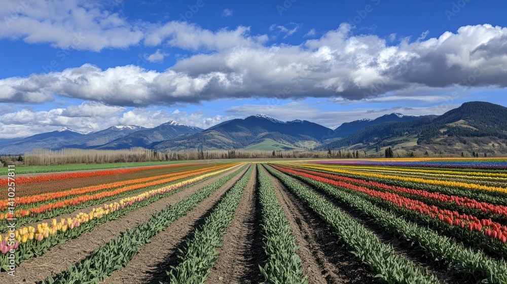 Vibrant Tulip Fields Against Majestic Mountains Vibrant Tulip Fields Against Majestic Mountains
