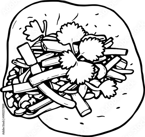 Line Art Drawing Of A Delicious Flatbread Topped With Fresh Herbs And Vegetables