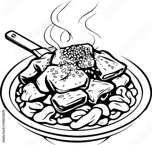 Steaming Bowl of Savory Noodles Topped with Sesame Seeds and Tender Cubes of Meat