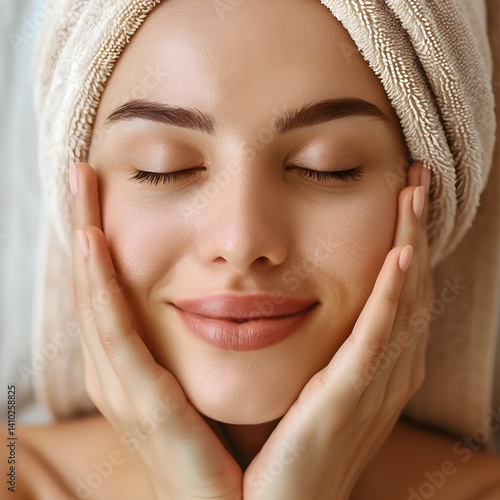 Woman with a towel on her head is holding her face smiling 