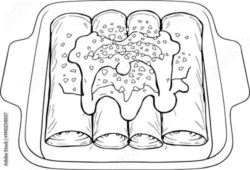 Delicious Enchiladas in Baking Dish Topped with Sauce and Cheese