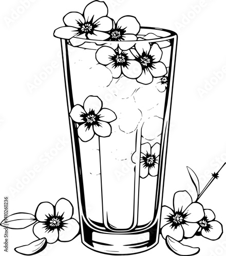 Refreshing Iced Drink with Delicate Blue Flowers in Tall Glass