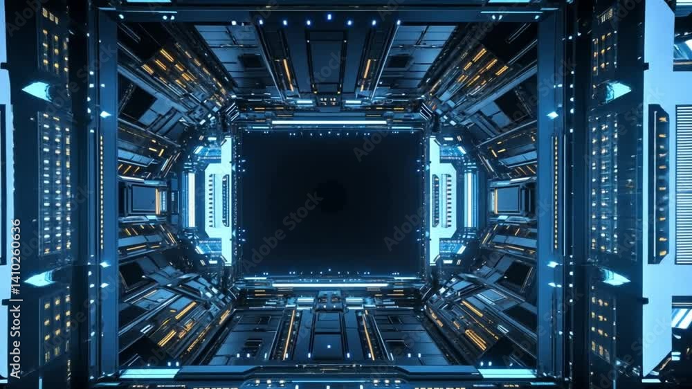 Futuristic Sci-Fi Corridor: Glowing Blue and Orange Tech Tunnel